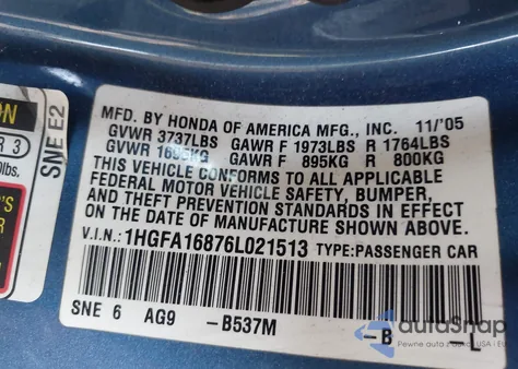 2006 Honda Civic Ex z USA, uszkodzony, nr VIN 1HGFA16876L021513